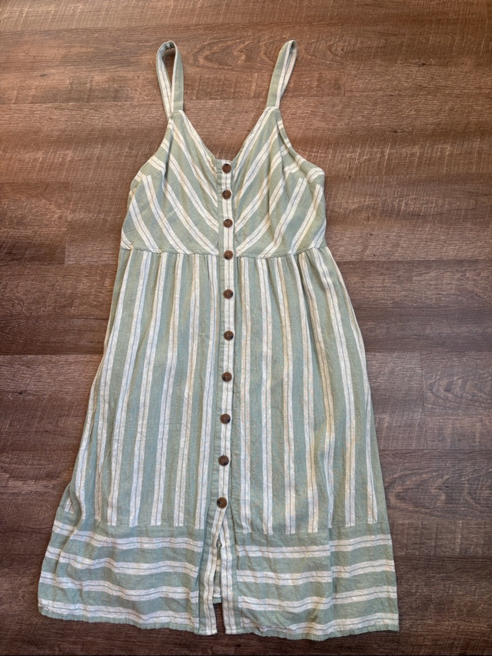 Sleeveless Button-Front Midi Dress in Sage Stripe and White - Picture 2 of 16